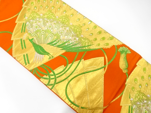JAPANESE KIMONO / ANTIQUE FUKURO OBI / SILK / WOVEN PEACOCK